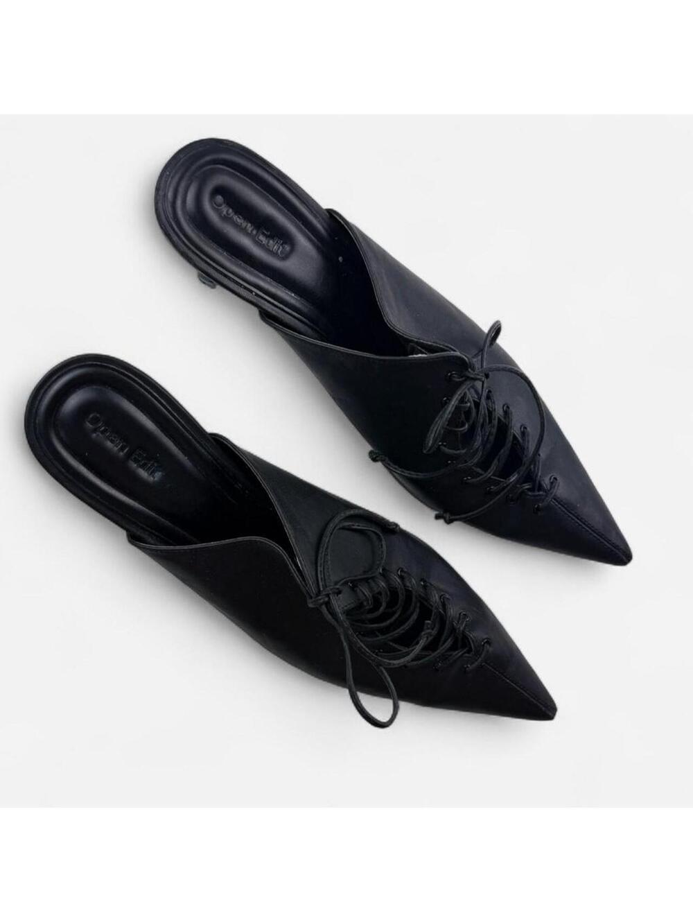 Open Edit Black Lace-Up Pointed Toe Mule Heels